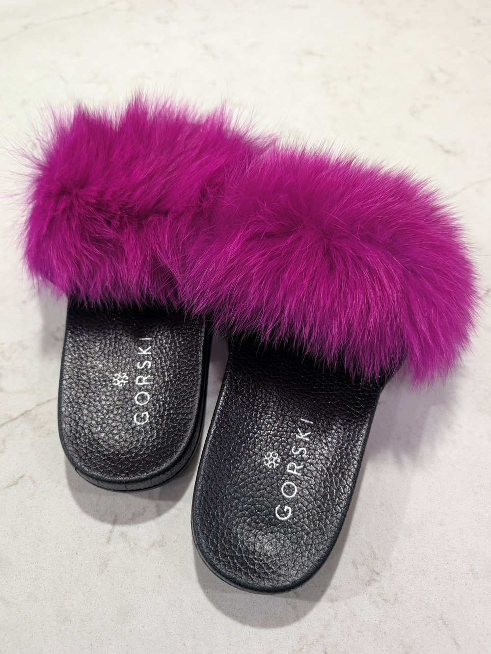 GORSKI Magenta Fur Slide Sandals with Black Footbed 8
